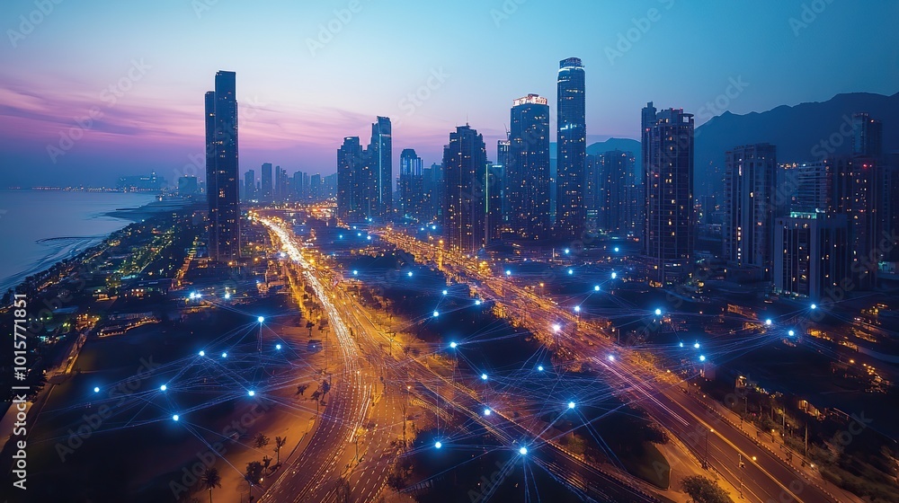 A cityscape at night connected by wireless networks, illustrating urban technology and connectivity. A cityscape at night connected by wireless networks, illustrating urban technology and connectivity.