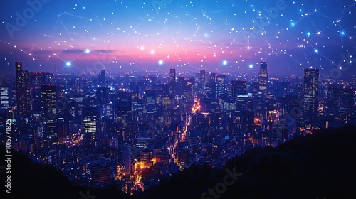 Wallpaper Mural A cityscape at night connected by wireless networks, illustrating urban technology and connectivity. Torontodigital.ca