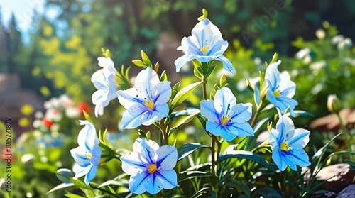  flowers blooming in spring, easter time against a natural sunny blurred garden banner background of blue and white