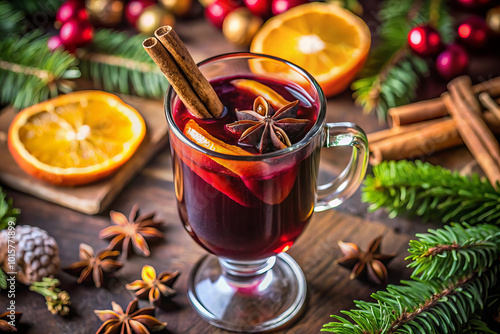 Warm and festive mulled wine in glass, garnished with spices and citrus photo