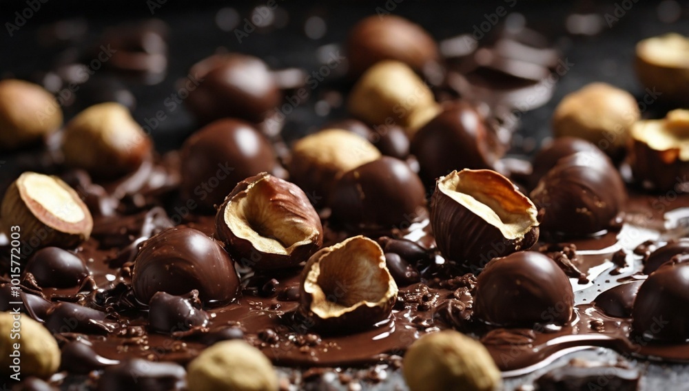 Closeup of falling hazelnuts into dark melted chocolate, top view.
Closeup of falling hazelnuts into dark melted chocolate, top view.