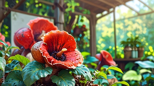 Rafflesia   flower  flowers blooming in spring, easter time against a natural sunny blurred garden banner background of blue and white