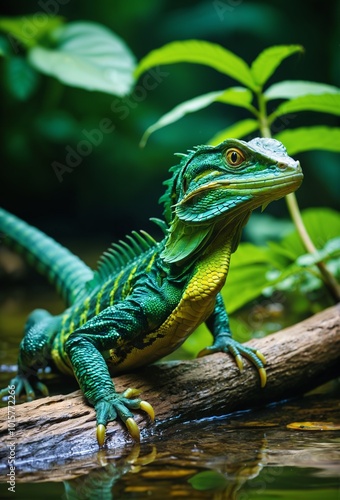 lizard by a Jungle Riverbank with Reflection in Water, Tropical Forest Background