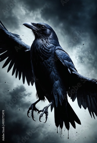 Majestic Black Raven Perched on a Branch Against Stormy Sky, Dark Bird of Prey