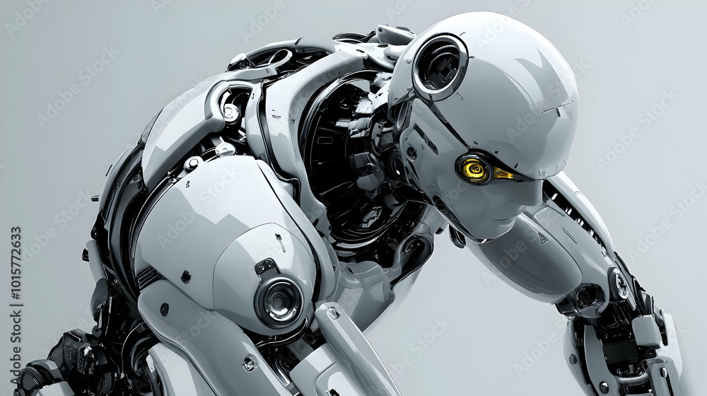 A 3D Render of a White, Metallic Robot with Yellow Eyes, Leaning Forward in a Posse of Alertness, Against a Gray Backdrop A 3D Render of a White, Metallic Robot with Yellow Eyes, Leaning Forward in a Posse of Alertness, Against a Gray Backdrop