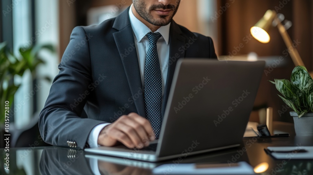 Businessman Working on Laptop in Office Businessman Working on Laptop in Office