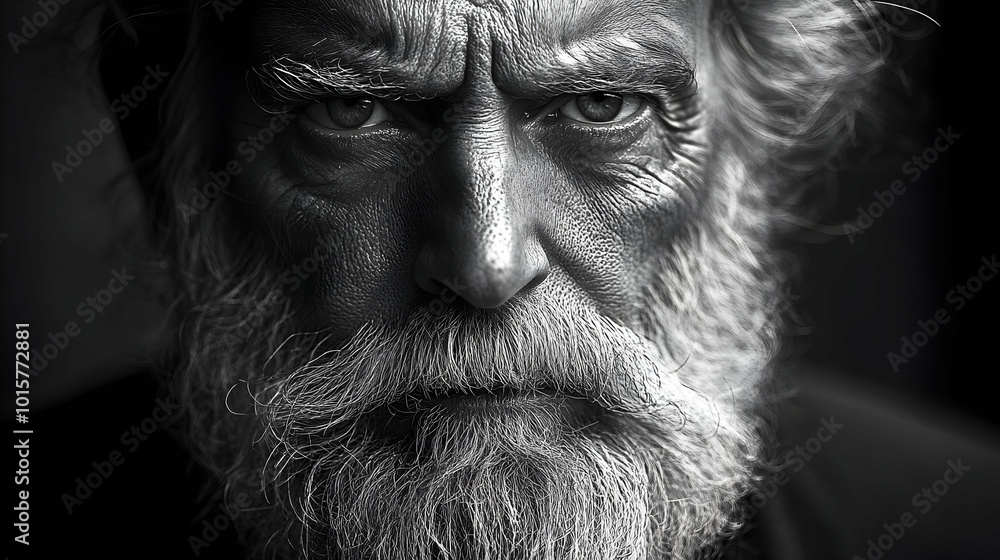 A Close-Up Black and White Portrait of an Elderly Man with a Long White Beard, Gazing Intensely into the Camera, Revealing Wrinkles and Lines that Tell Stories of a Life Well Lived. A Close-Up Black and White Portrait of an Elderly Man with a Long White Beard, Gazing Intensely into the Camera, Revealing Wrinkles and Lines that Tell Stories of a Life Well Lived.