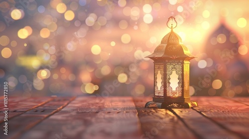 Ornate Lantern on Wooden Table with Bokeh Background