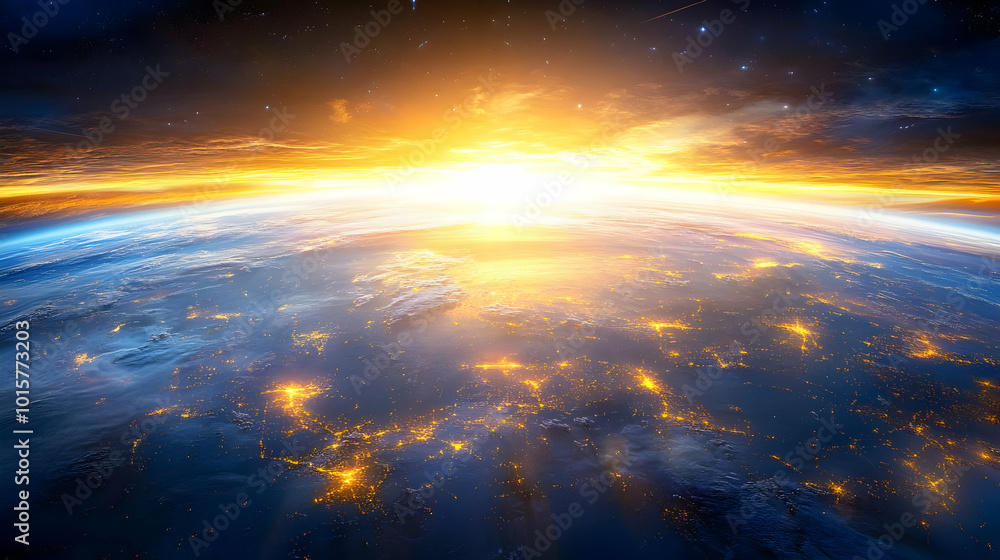Stunning Digital Illustration of Earth's Surface with a Golden Sunrise and a Dark Blue Night Sky Stunning Digital Illustration of Earth's Surface with a Golden Sunrise and a Dark Blue Night Sky