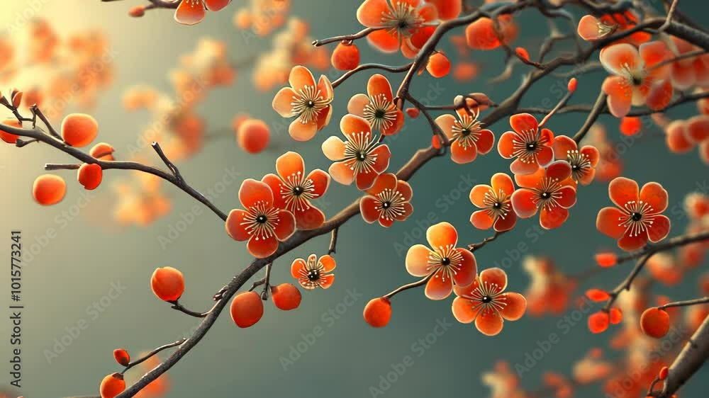 A delicate branch of peach blossoms blooms in the spring sunlight A delicate branch of peach blossoms blooms in the spring sunlight