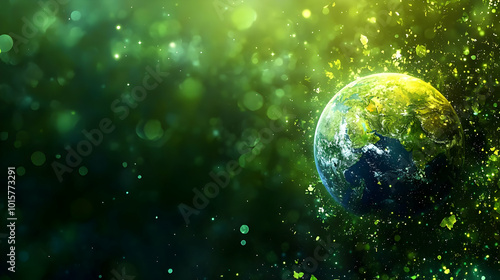 Abstract Green Bokeh Background with a Detailed Earth Globe