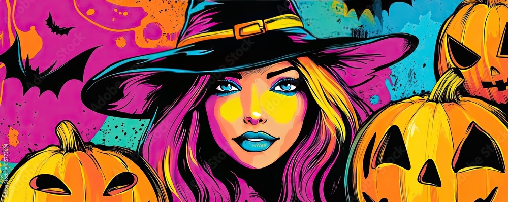 Vibrant illustration of a witch with colorful hair, surrounded by pumpkins and bats, perfect for Halloween themes. Vibrant illustration of a witch with colorful hair, surrounded by pumpkins and bats, perfect for Halloween themes.