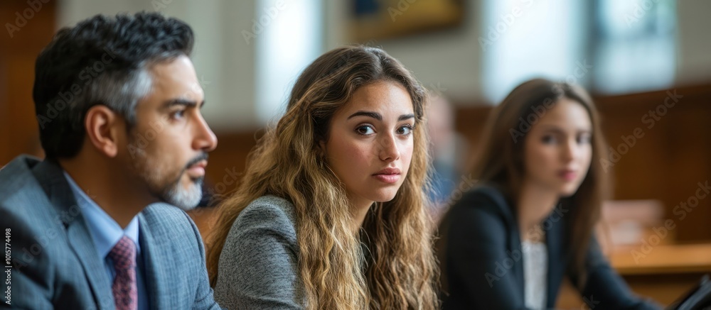 Obraz premium A young woman and man sitting in a meeting, listening intently to the speaker, the woman with a serious expression looking directly at the camera.