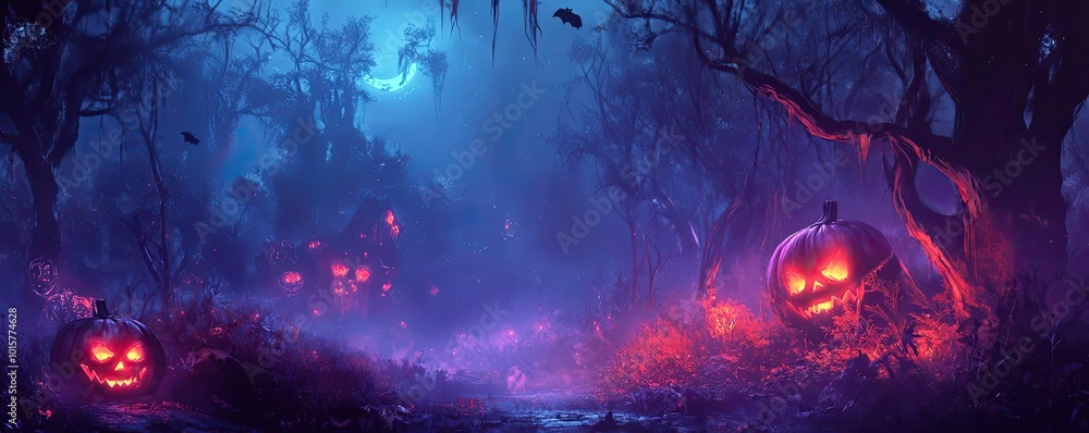 A spooky Halloween scene with glowing pumpkins in a misty forest, creating an eerie and mystical atmosphere. A spooky Halloween scene with glowing pumpkins in a misty forest, creating an eerie and mystical atmosphere.