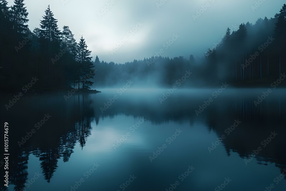 Fototapeta premium dark creepy lake fog forest landscape camping trees fall nature inspired illustration