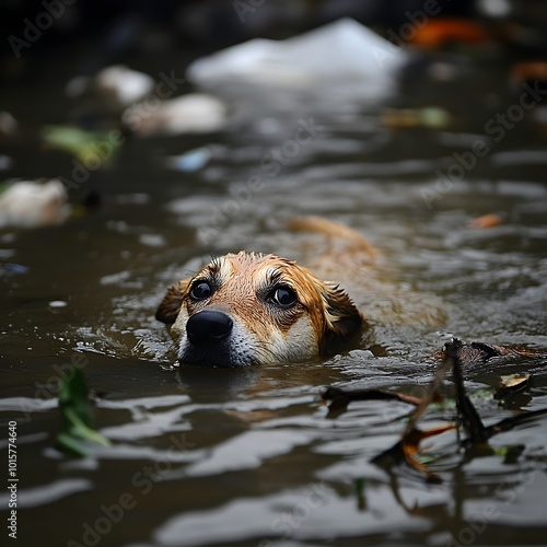 Determined dog swimming through floodwaters,its expression showing its struggle to stay afloat while debris floats nearby,in a scene of environmental disaster and survival. photo