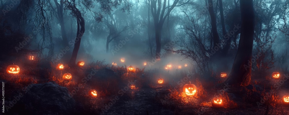 A mystical forest at night, illuminated by glowing pumpkins. The eerie fog enhances the Halloween spirit and creates a haunting atmosphere. A mystical forest at night, illuminated by glowing pumpkins. The eerie fog enhances the Halloween spirit and creates a haunting atmosphere.