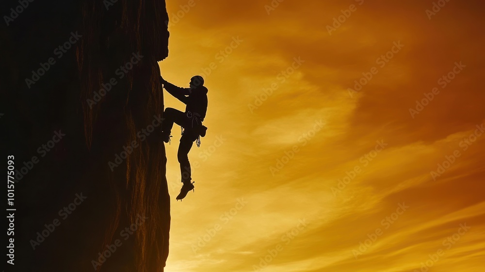 Silhouette of a Climber Ascending a Mountainous Cliff at Sunset Silhouette of a Climber Ascending a Mountainous Cliff at Sunset
