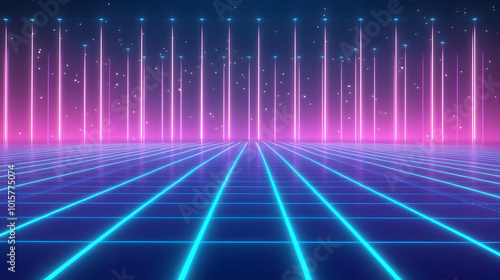 A Futuristic 3D Illustration with Blue Grid and Pink Neon Lights in a Starry Night