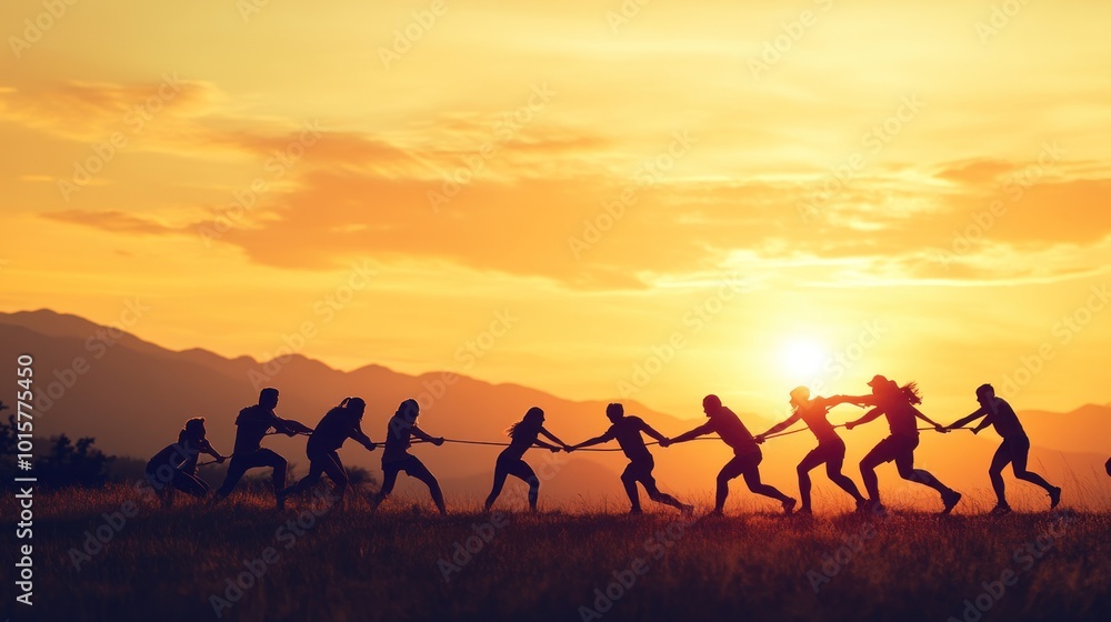 Silhouette of people pulling rope at sunset Silhouette of people pulling rope at sunset