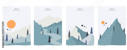 winter landscape background with mountain,tree.Editable vector illustration for postcard vertical size