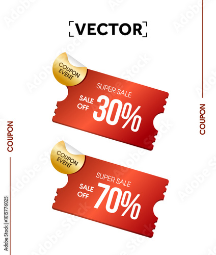 3d super sale red coupons with coupon code, percentage price off, tag label, isolated on white background. Gift voucher giveaway banner template. 3d vector illustration. Vector illustration