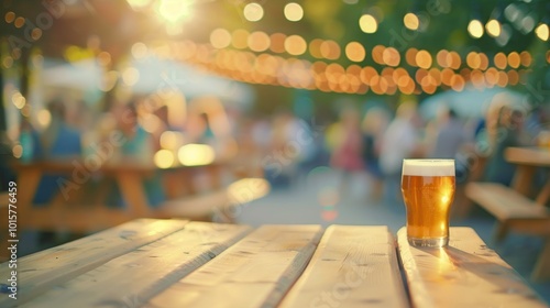 A glass of beer on a wooden table at an outdoor event