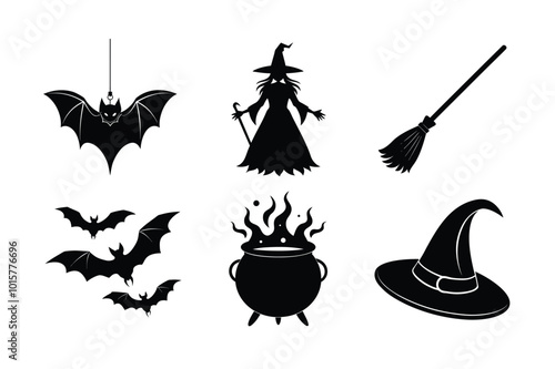 Halloween 6 vector element bundle, Hanging bat, Flying bats, Witch cauldron, Witch silhouette, Broomstick, Witch hat photo