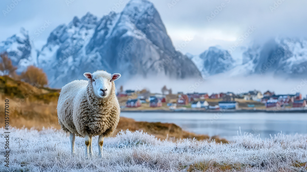 Obraz premium serene sheep stands in frosty landscape, surrounded by majestic mountains and tranquil lake. picturesque scenery captures beauty of nature in peaceful setting