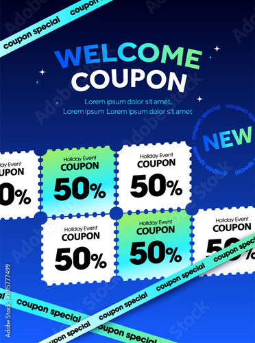 3d welcome coupon banner with sticky ribbon line, percentage off and chain of coupons code, isolated on blue background. Special discount voucher banner template. Vector illustration. Vector