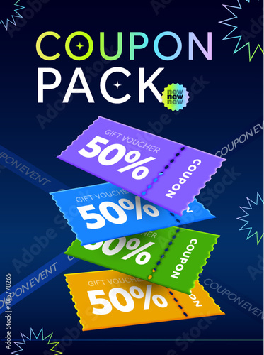 3d coupon pack banner template with different color coupon tickets flying, coupon code and percentage off. Discount voucher as gift in special price off event. 3d vector illustration. Vector