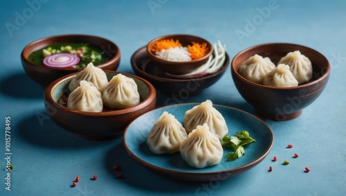 Assorted bowls of garnished food for communal dining or cultural food tasting