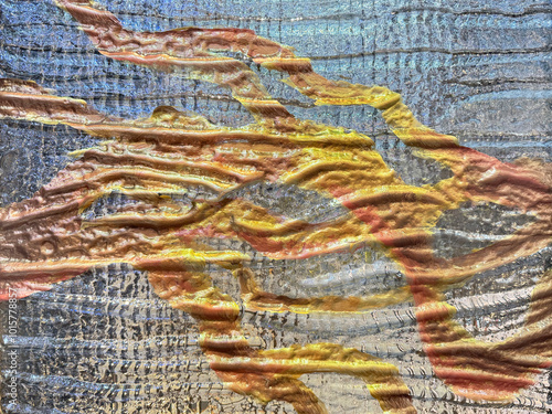 Textured glass in random pattern, with golden wavy and curved pattern on the glass surfaces.