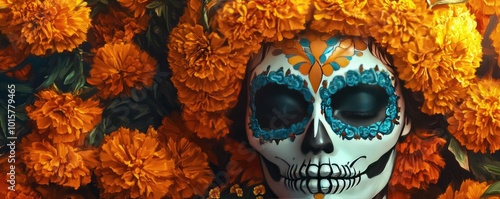 Wallpaper Mural Vibrant sugar skull adorned with marigold flowers, celebrating Day of the Dead with rich colors and intricate designs. Torontodigital.ca