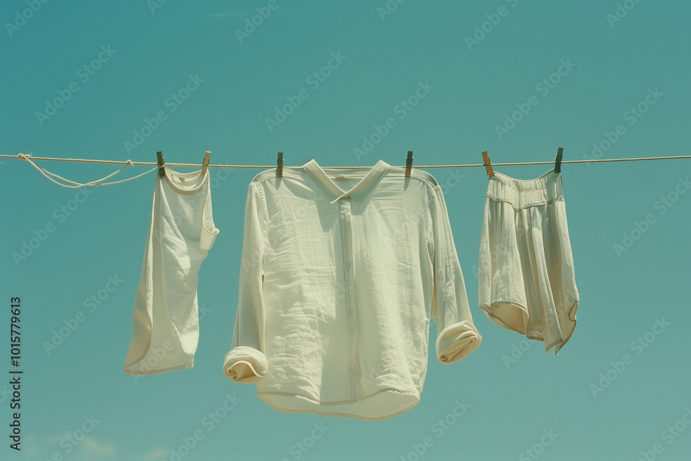 A Tranquil Domestic Scene Featuring a White Linen Shirt and Accessories Drying on a Clothesline Against a Clear Blue Sky A Tranquil Domestic Scene Featuring a White Linen Shirt and Accessories Drying on a Clothesline Against a Clear Blue Sky