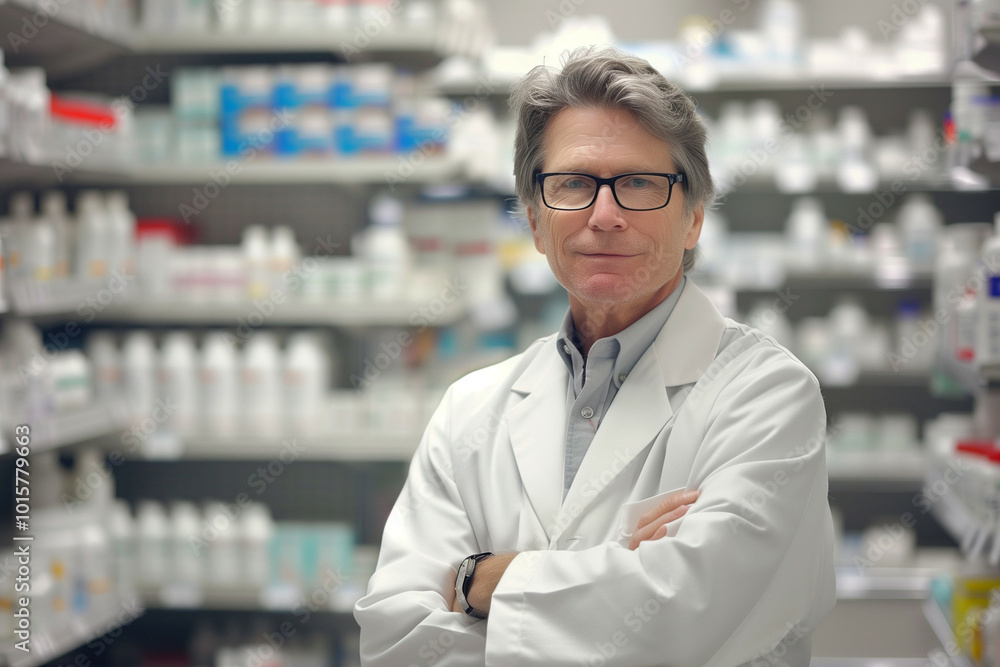 Fototapeta premium Confident Middle-Aged Male Pharmacist Standing in Pharmacy with Arms Crossed