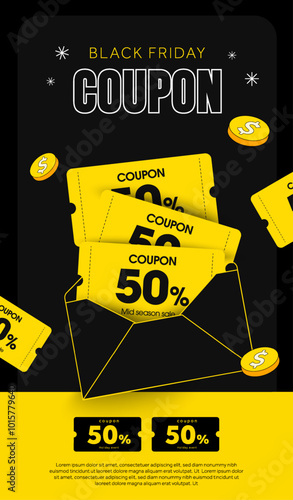 Yellow Black Friday Coupons with coupon code, percentage off, flying out of an envelope, with golden coins, isolated on dark background. Black Friday Gift voucher post. Vector illustration. Vector