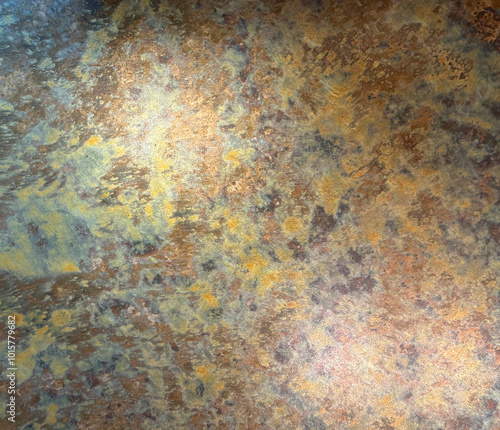 Abstract random oxidized metal plate splashed and sprayed with acid. Beautiful colorful weathered and rusty metal texture in different shades of color, acid etched metal. Seamless background texture.