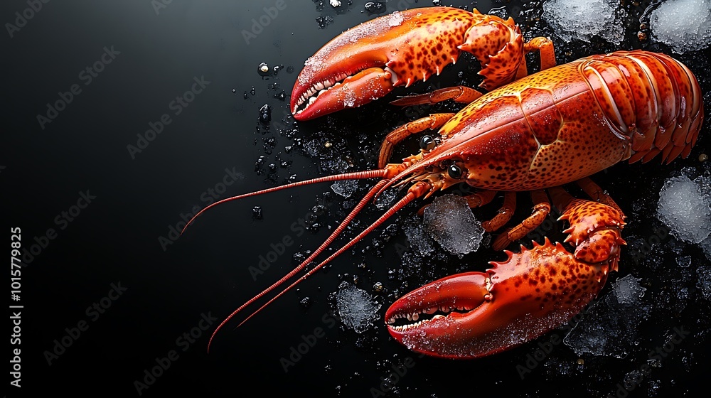 Freshly cooked lobster on black background with ice. Freshly cooked lobster on black background with ice.
