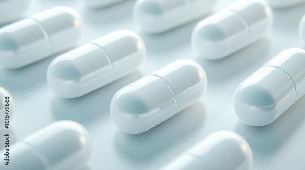A row of white pills are lined up on a white background A row of white pills are lined up on a white background