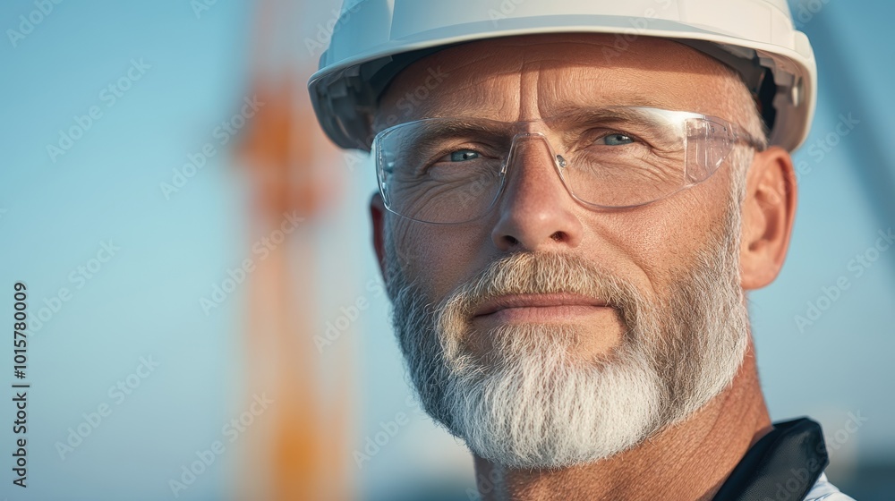 A man with a hard hat and safety glasses is smiling A man with a hard hat and safety glasses is smiling