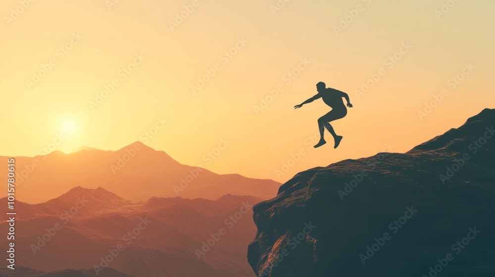 Man Jumping Off Cliff at Sunset