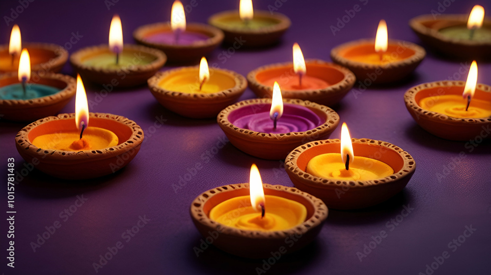 Traditional Diya Arrangement with Purple Lighting Traditional Diya Arrangement with Purple Lighting