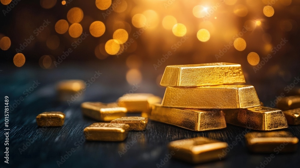 Gold bars stacked elegantly with a warm bokeh background. Gold bars stacked elegantly with a warm bokeh background.