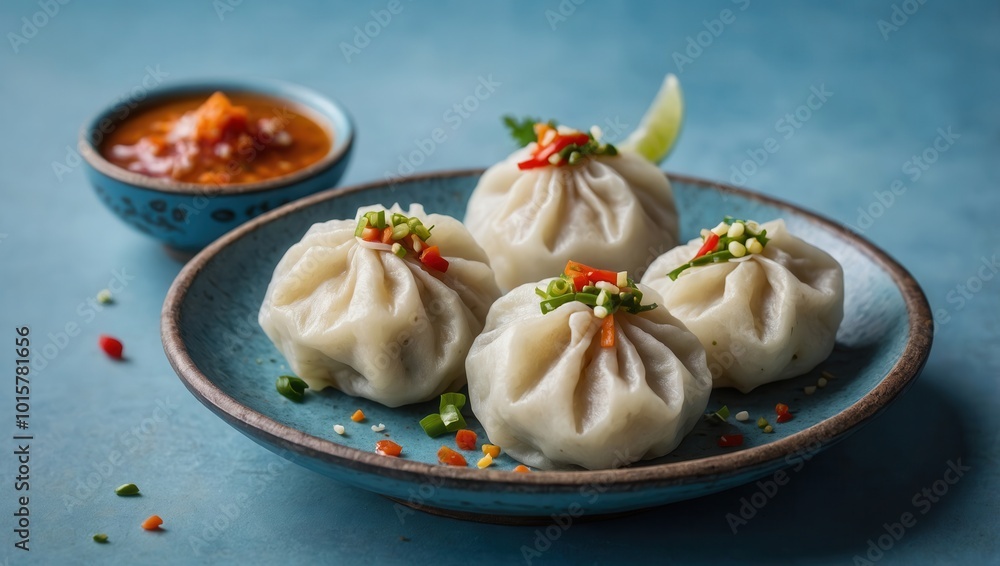 Steamed Gyoza Dumplings with Cilantro and Lime Garnish Steamed Gyoza Dumplings with Cilantro and Lime Garnish