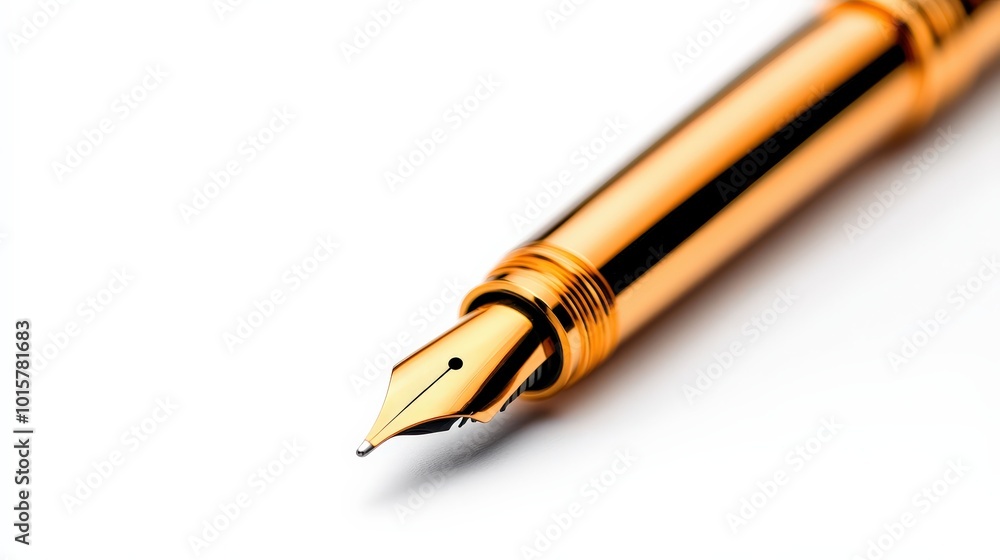 Elegant golden fountain pen with a sharp nib, isolated on a white background. Elegant golden fountain pen with a sharp nib, isolated on a white background.
