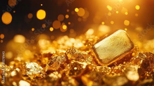 Gold bar on glittering gold nuggets, luxurious wealth and investment concept.
