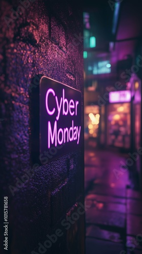 Cyber Monday purple neon sign in a commercial urban street with shops by night. Vertical photography (9:16)
