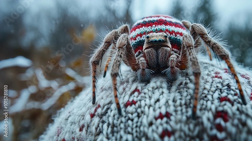 A close-up image of a spider wearing a colorful knitted hat, featuring a striped pattern in red, white, and blue. The spider is fully visible, showcasing its hairy legs and expressive face, while it s photo