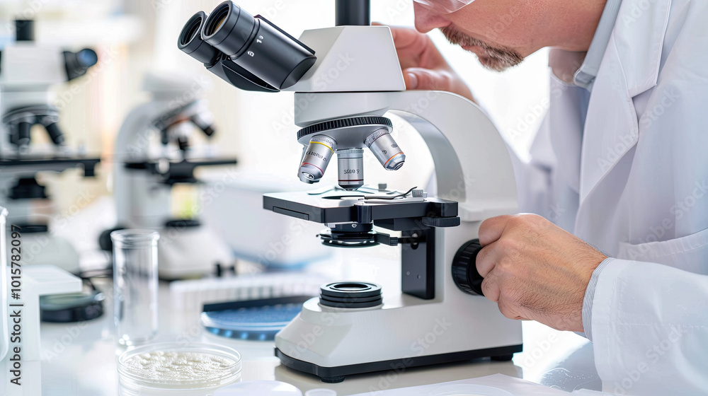 Scientist in lab coat examining microscope with bacteria samples in petri dish, symbolizing disease investigation and medical research.